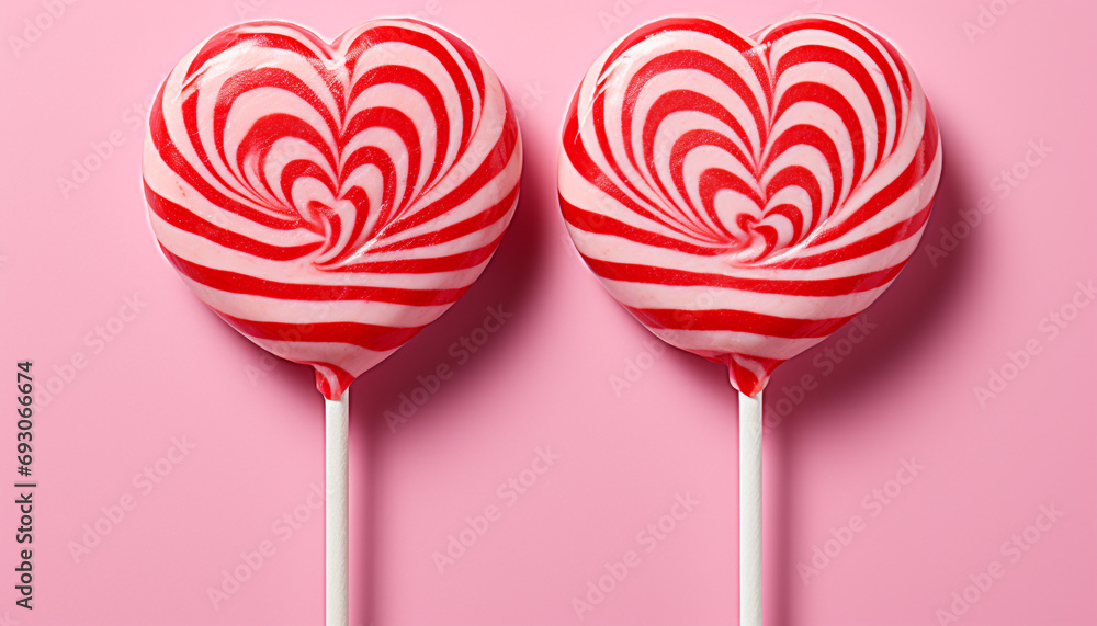 Sweet candy lollipop, heart shaped, multi colored decoration generated by AI