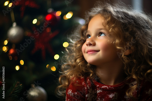 AI generated portrait of cute child on xmas festive event with fairy lights