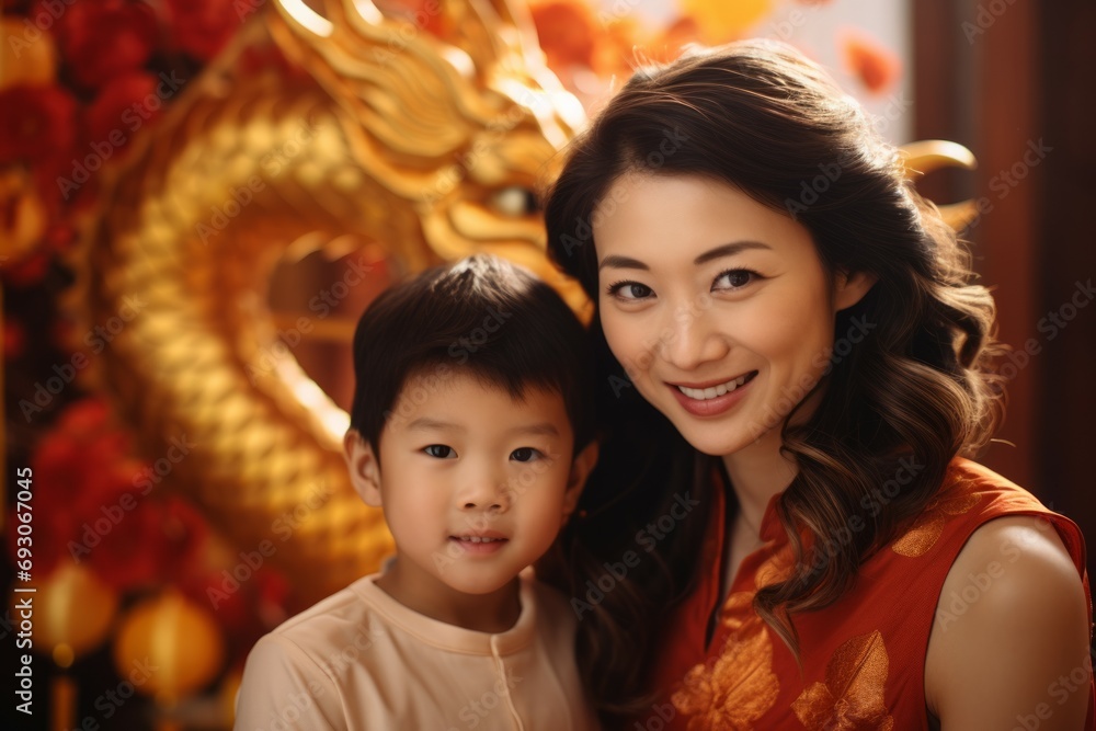 Asian family celebrating Chinese new year
dragon in the background Asian family celebrating Chinese new year
dragon in the background