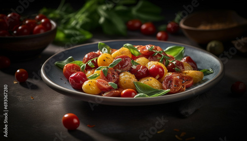 Fresh gourmet salad with organic vegetables, ripe cherry tomatoes, and mozzarella generated by AI