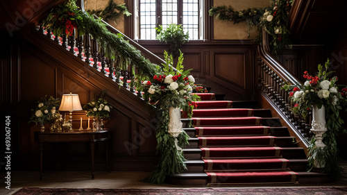 Christmas at the manor, grand entrance hall with staircase and Christmas tree, English countryside decoration and interior decor photo