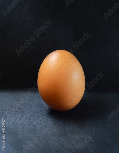 Brown chicken egg on a black background with copy space