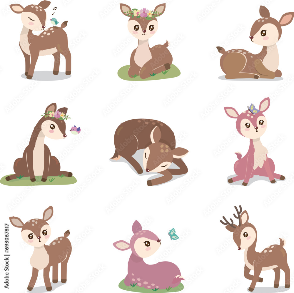 Fototapeta premium Vintage deer in different poses illustrations set.