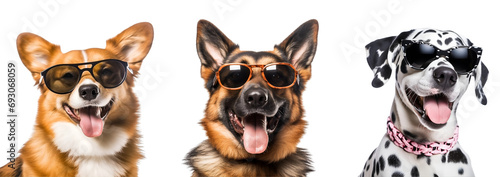 Set of cute dogs wearing sunglasses: Multiple breeds, all cute and beautiful, Isolated on Transparent Background, PNG