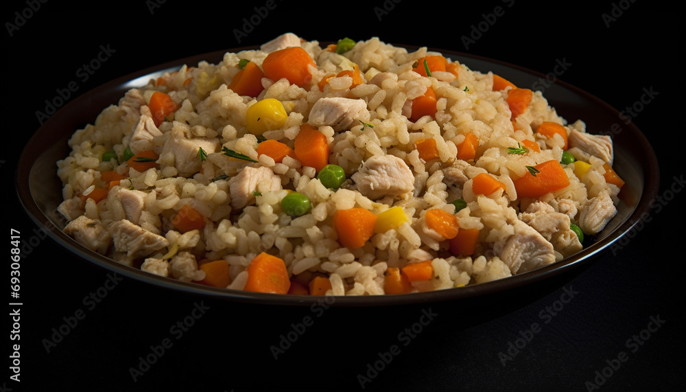 Healthy vegetarian risotto with fresh vegetables and steamed basmati rice generated by AI Healthy vegetarian risotto with fresh vegetables and steamed basmati rice generated by AI