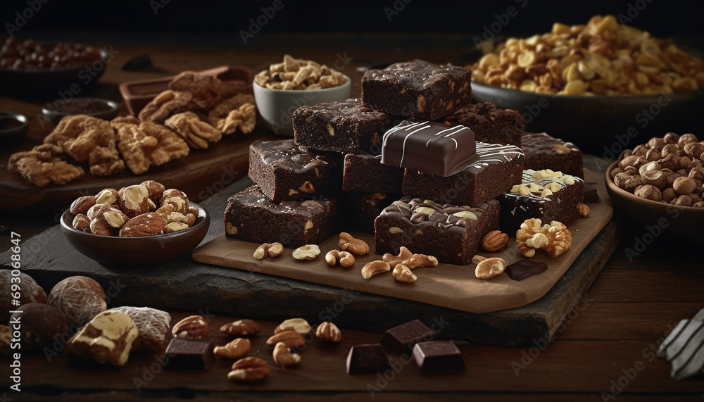 Indulgent dark chocolate dessert with hazelnut, almond, and cashew variations generated by AI Indulgent dark chocolate dessert with hazelnut, almond, and cashew variations generated by AI