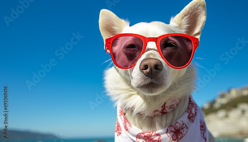 Cute puppy wearing sunglasses enjoys summer outdoors generated by AI © Gstudio