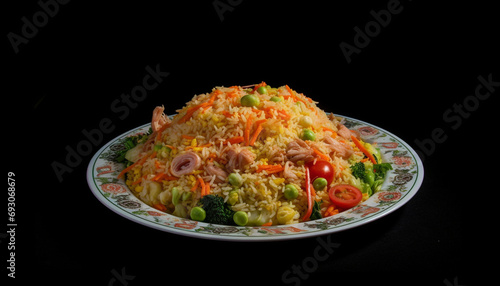 Freshly cooked gourmet meal fried rice with vegetables and meat generated by AI