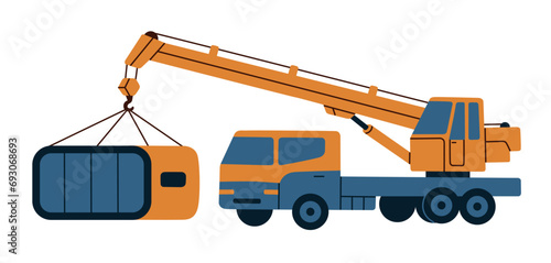 Truck crane lifts assembled modular home. Flat vector illustration.