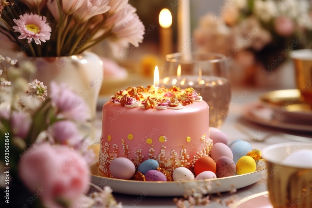 The essence of Easter joy captured in an image: an Easter cake, candles, and a profusion of springtime blossoms on a festive table