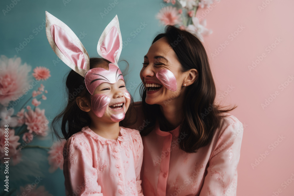 A mother and daughter share a joyful moment with Easter bunny face paint, surrounded by springtime blossoms. A mother and daughter share a joyful moment with Easter bunny face paint, surrounded by springtime blossoms.