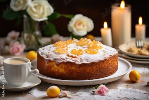 A beautifully adorned Easter table featuring an Easter cake  candles  and vibrant spring blossoms  creating an atmosphere of joyous celebration