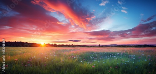 A vibrant sunrise over a meadow, with the colors of the sky blending harmoniously