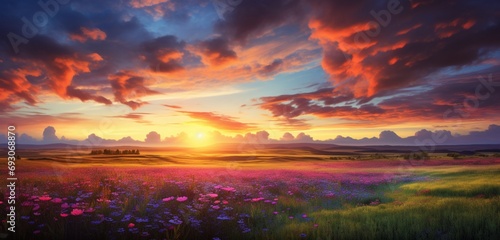 A vibrant sunrise over a meadow, with the colors of the sky blending harmoniously © Amin arts