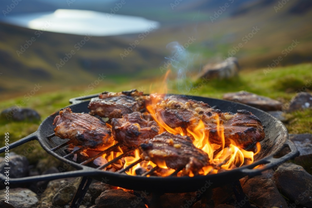 Enjoying the art of open-fire cooking with lamb, harmonizing with the scenic spring beauty of the great outdoors Enjoying the art of open-fire cooking with lamb, harmonizing with the scenic spring beauty of the great outdoors