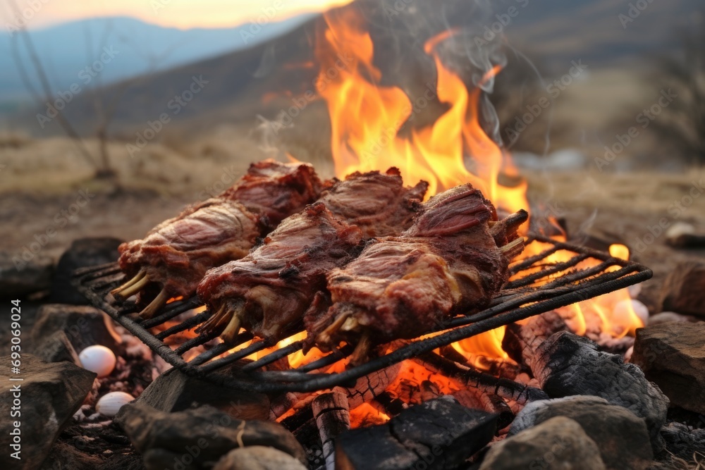 An outdoor culinary experience, grilling lamb over an open fire in the midst of nature's springtime splendor An outdoor culinary experience, grilling lamb over an open fire in the midst of nature's springtime splendor