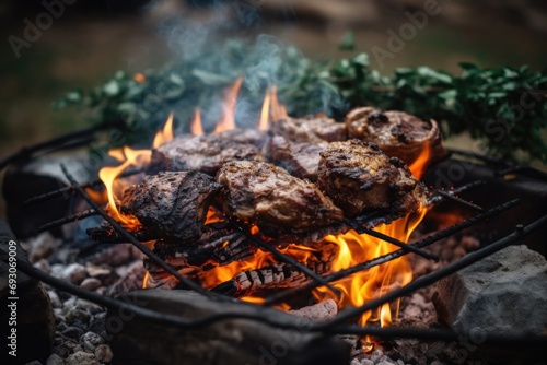 A rustic outdoor cooking experience, with lamb sizzling on an open flame