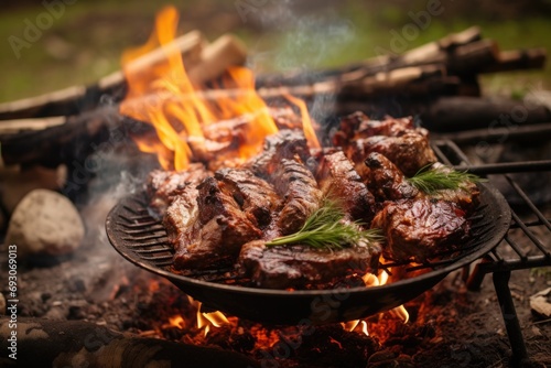 A culinary adventure in the heart of nature, grilling succulent lamb over an open fire amid the beauty of spring