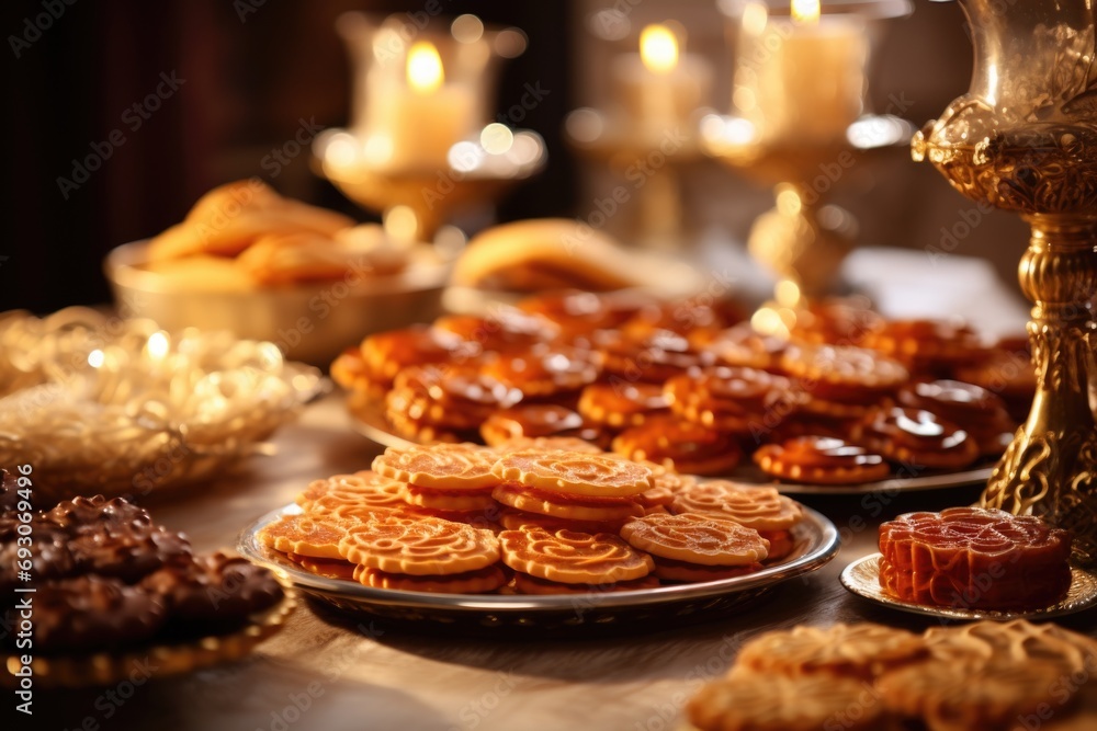 A beautifully decorated Purim table adorned with a festive spread of dishes, showcasing the vibrant and joyful spirit of the holiday A beautifully decorated Purim table adorned with a festive spread of dishes, showcasing the vibrant and joyful spirit of the holiday