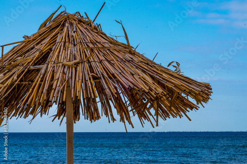 straw beach umbrella closeup on a clear day photo