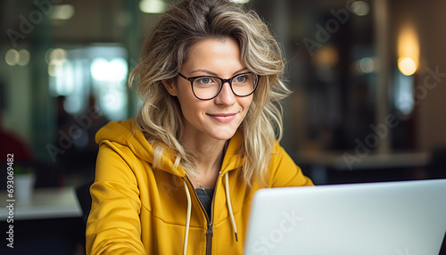 Smiling woman working on laptop in office generated by AI photo