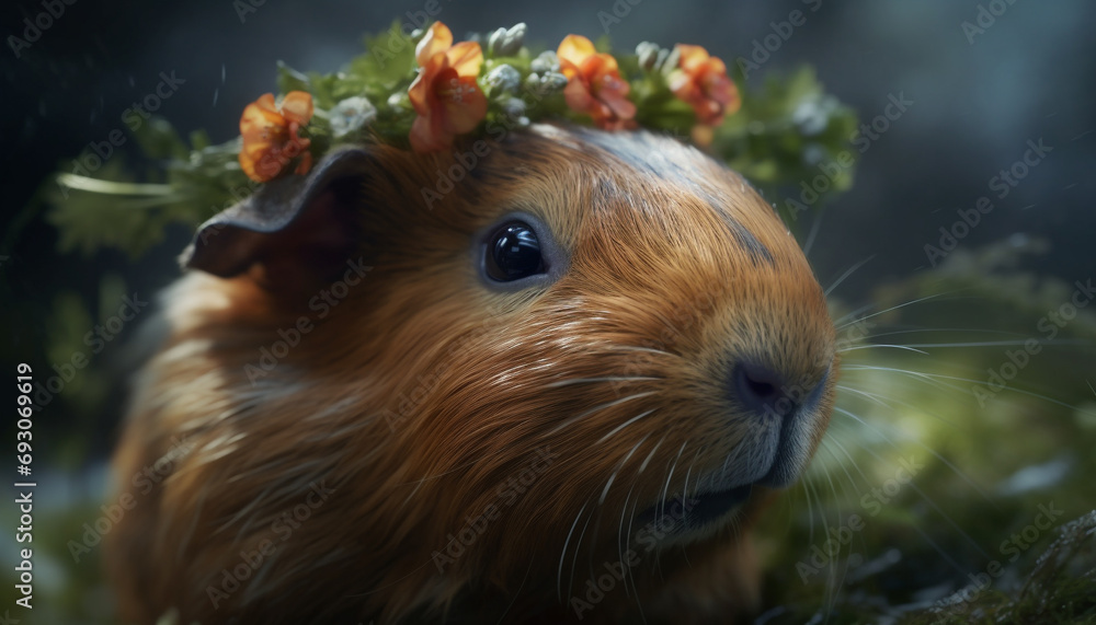 Fluffy guinea pig in green grass, close up portrait with whiskers generated by AI Fluffy guinea pig in green grass, close up portrait with whiskers generated by AI