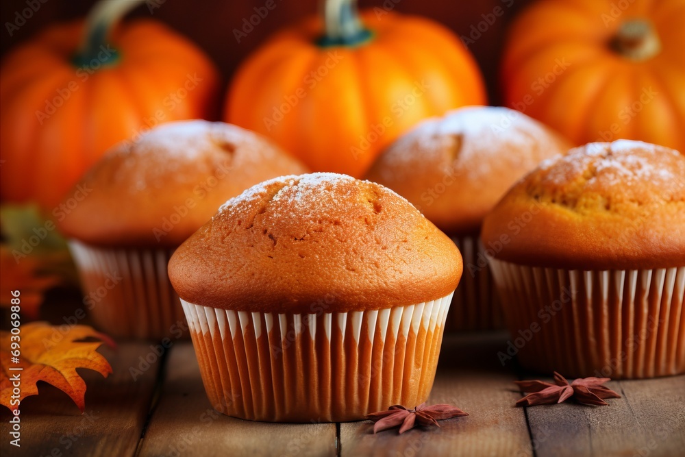 Pumpkin spice muffins on blurred background with copy space for text placement in a home kitchen Pumpkin spice muffins on blurred background with copy space for text placement in a home kitchen