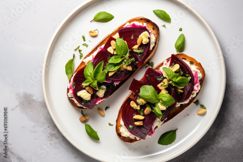 Beet bruschetta with goat cheese and basil on the plate close up