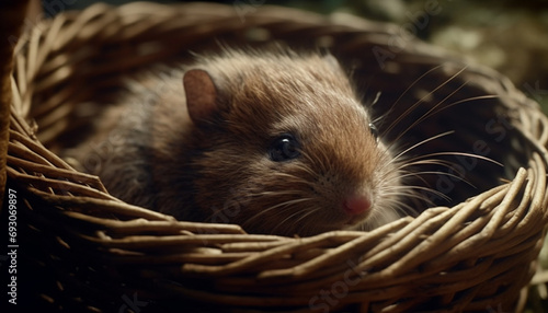 Fluffy small rodent in wicker basket, close up of cute rabbit generated by AI