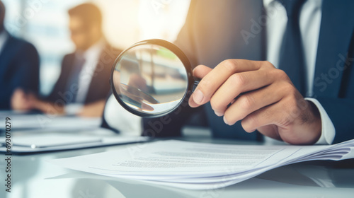 A man examines business documents with a magnifying glass photo