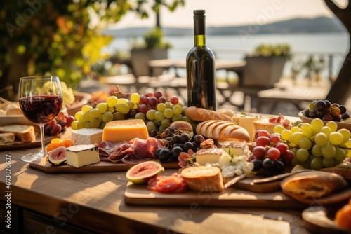 Scenic picnic spread with an assortment of gourmet cheeses, cured meats, fresh fruits, and artisanal bread, a picturesque and inviting outdoor dining scene