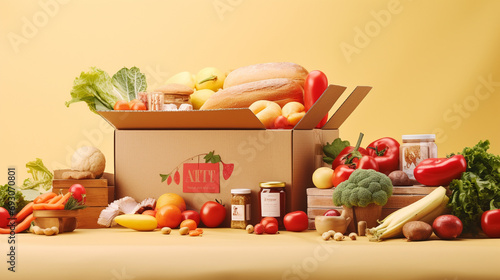 Photo fresh vegetables, fruits and grocery items in a box for super shop banner concept
