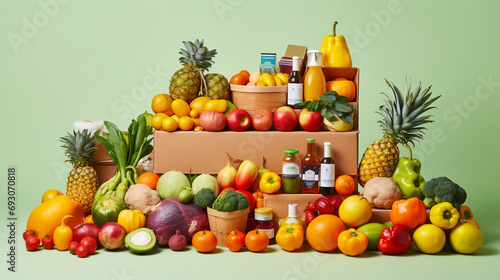 Photo fresh vegetables  fruits and grocery items in a box for super shop banner concept