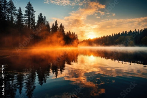Serene lake with mist rising at sunrise, tranquil nature reflection © Nino Lavrenkova
