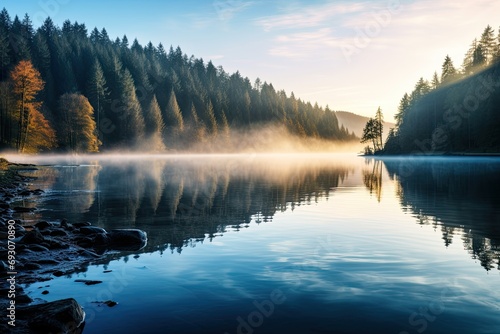 Serene lake with mist rising at sunrise, tranquil nature reflection