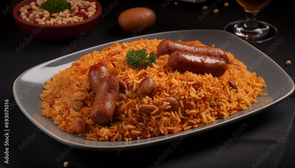 Saffron rice with pork, chicken, and vegetables on plate generated by AI Saffron rice with pork, chicken, and vegetables on plate generated by AI