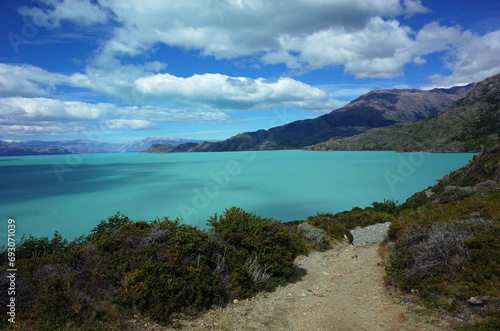 Nature of Patagonia, Glacial lake O'Higgins or San Martin, Rocky road from the border between Chile and Argentina to Candelario Mancilla photo