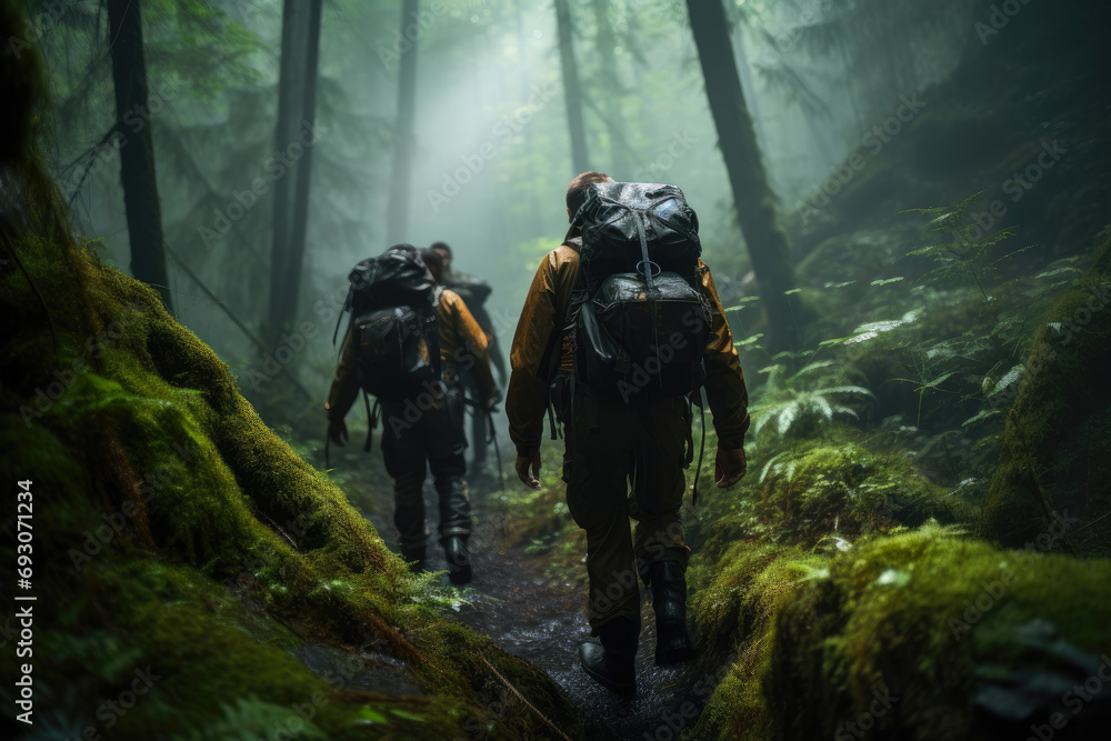 Rainy Day Trek: Professional Explorers in Forest Adventure
