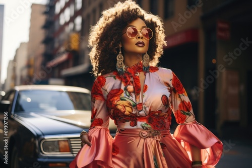 Stylish street fashion shot featuring a confident black  in sunglasses plus-size individual rocking unique and trendy attire  breaking stereotypes in the fashion industry