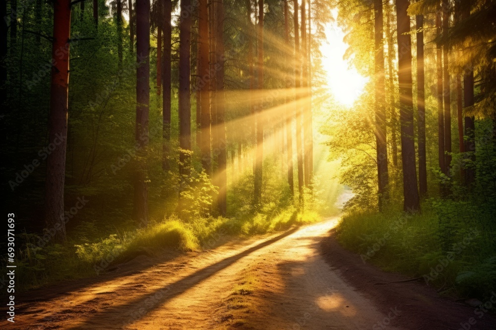 Obraz premium Luminous sun rays falling through the green foliage in a beautiful forest, with timber beside a path