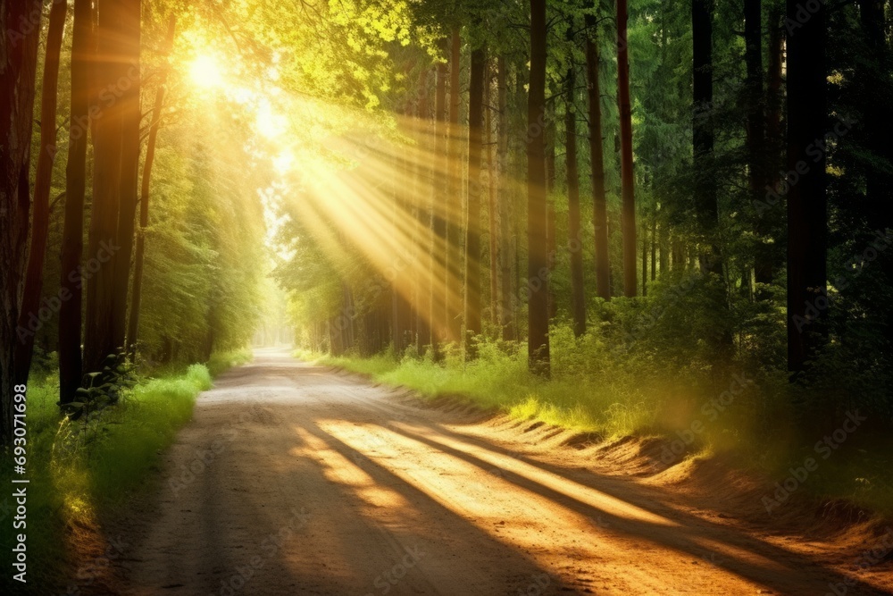 Fototapeta premium Luminous sun rays falling through the green foliage in a beautiful forest, with timber beside a path