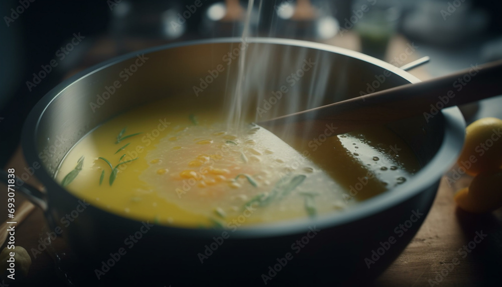 Fresh vegetable stew served in rustic wooden bowl on table generated by AI Fresh vegetable stew served in rustic wooden bowl on table generated by AI