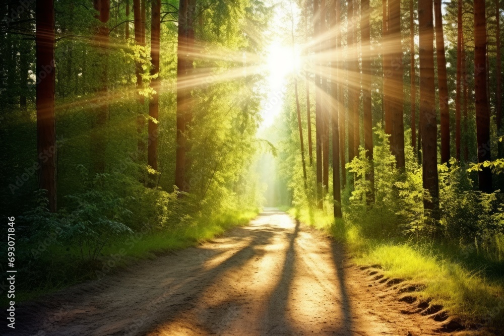 Fototapeta premium Luminous sun rays falling through the green foliage in a beautiful forest, with timber beside a path