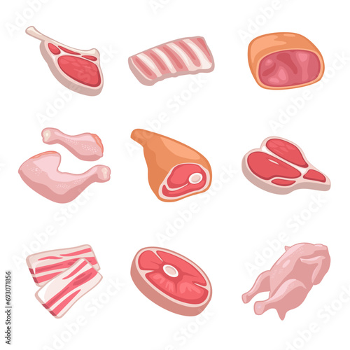 Set meat products. Bacon slice, sausage, ribs,  different types steak, haunch, parts fresh raw chicken. Vector color vector illustration. Icon isolated on white for web menu