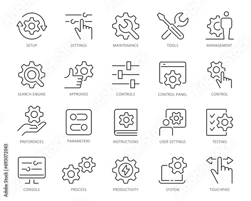 Setup and Settings Icons Set. Collection of simple linear web icons such Installation, Settings, Options, Download, Update, Gears and others and others. Editable vector stroke