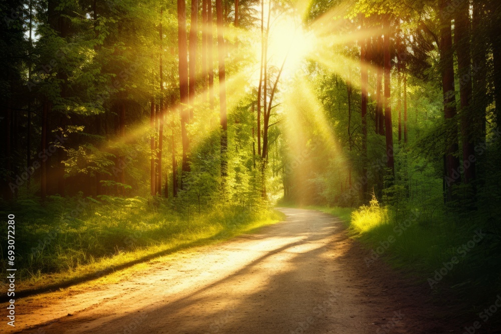 Fototapeta premium Luminous sun rays falling through the green foliage in a beautiful forest, with timber beside a path