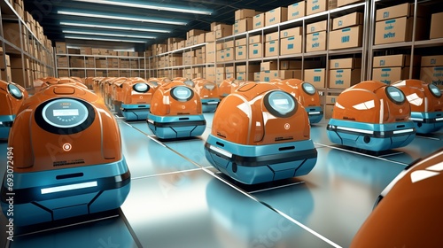 Efficient fleet of agile robots navigating warehouse labyrinth, transporting packages photo