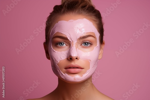 Woman with with a mask applied to her facial skin. A woman's face with a care cosmetic mask for perfect skin, pink background