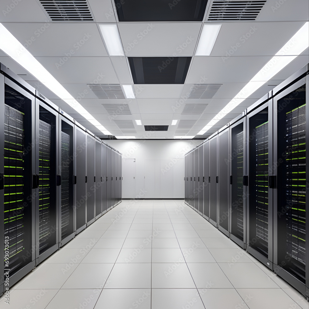 Server racks of modern data center in empty room with VFX. High-tech equipment storing information Server racks of modern data center in empty room with VFX. High-tech equipment storing information