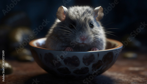 Fluffy small rodent eating meal in front of camera indoors generated by AI